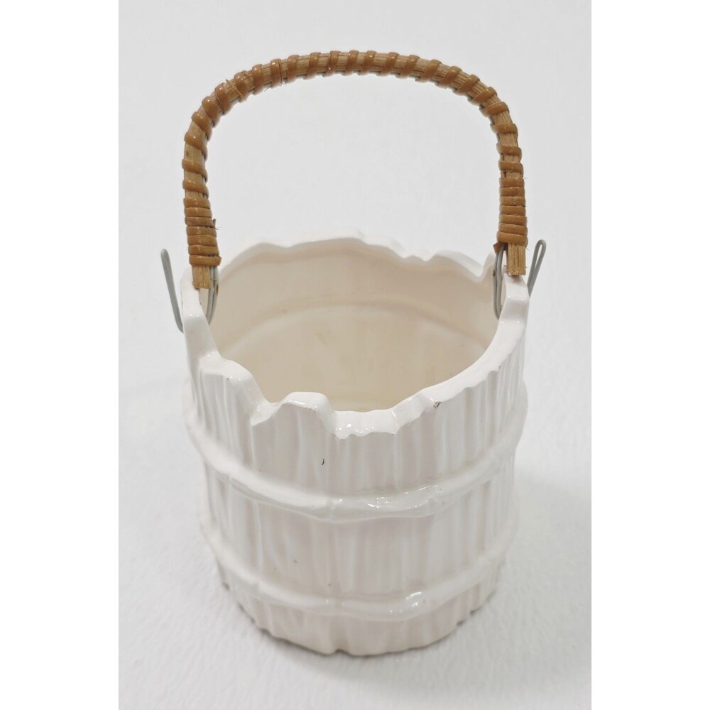 Vintage White Ceramic Bucket Planter Pot Woven Wicker Handle Japan Drain Plug